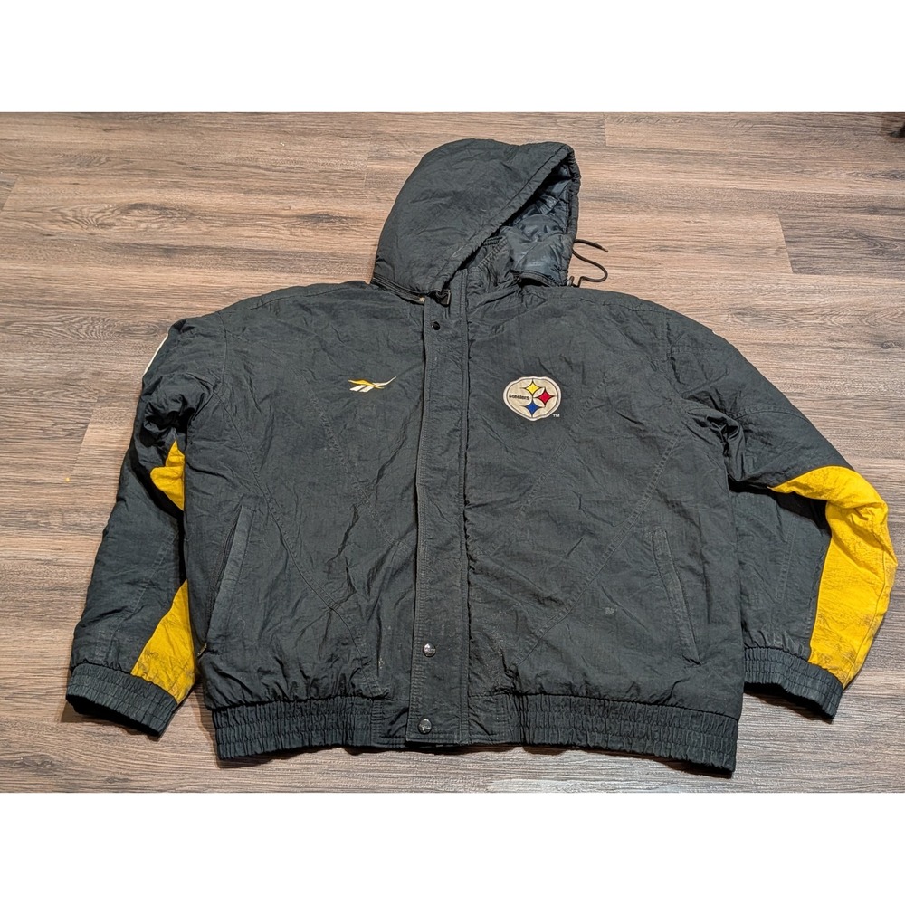 Vintage Reebok NFL Pro Line Pittsburgh Steelers Puffer Jacket Black Yellow XL